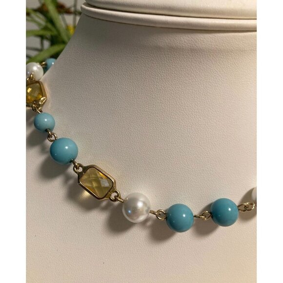 Anne Klein Vintage Faux Turquoise Pearl & Citrine Glass Stone Necklace Set - Picture 3 of 15